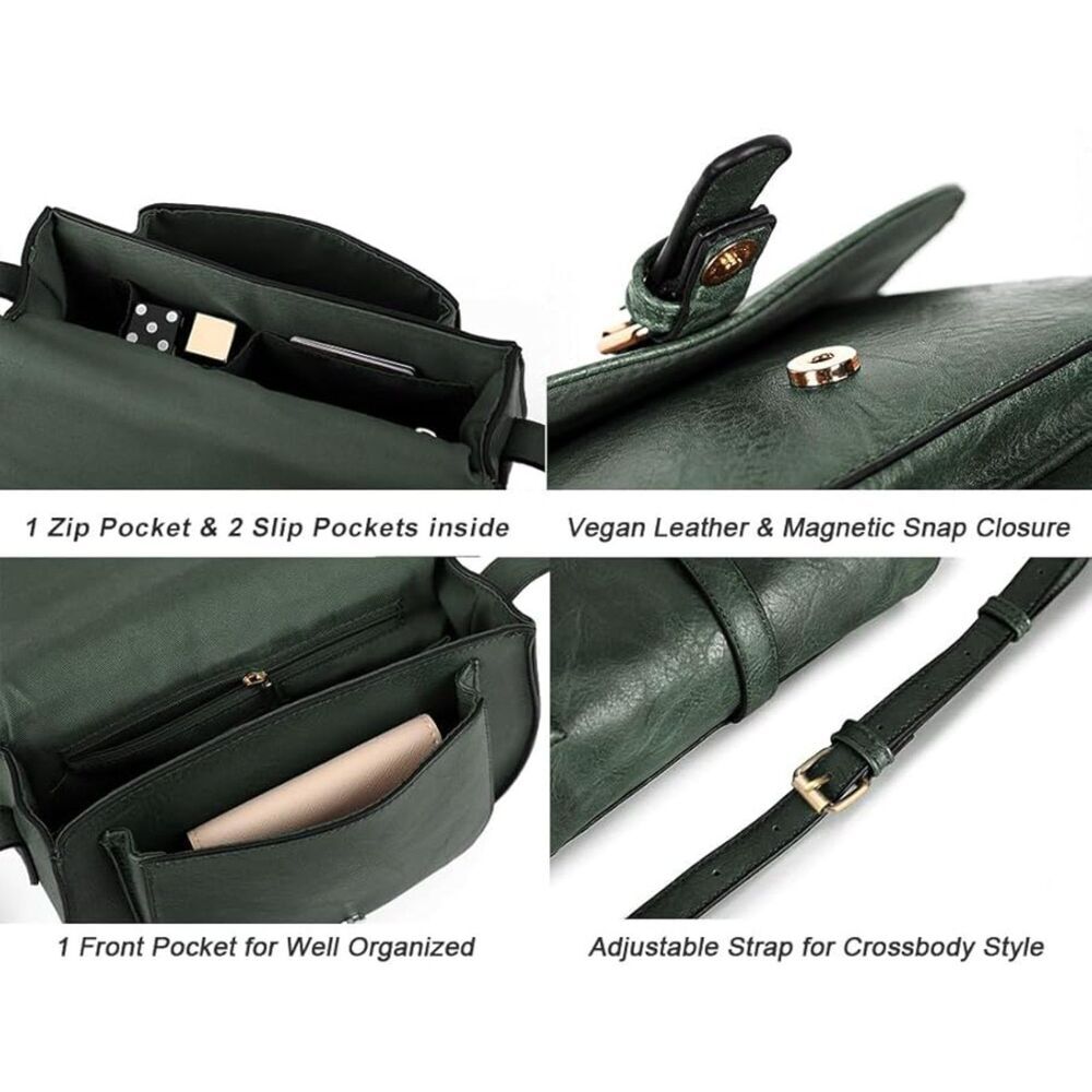 Women Green Imported Vegan Leather Small Saddle Purse Cross Body Handbags - Picture 3 of 4